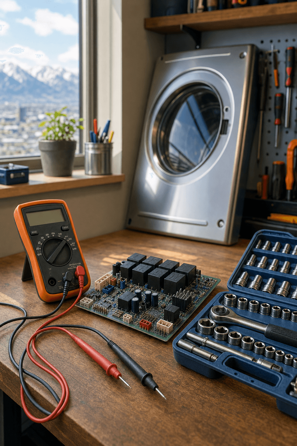 A workbench with a multimeter, control board, and tools in a warm workshop, lit by soft morning light.