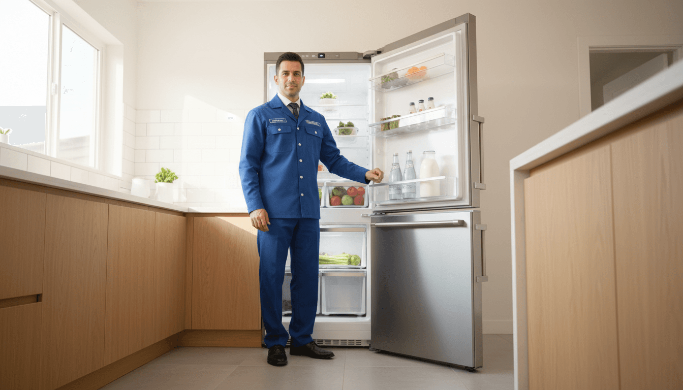 A technician in a crisp blue uniform, standing beside a client's open refrigerator in a bright, clean kitchen.