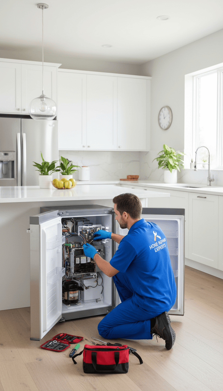 Appliance repair technician repairing a refrigerator in a home kitchen