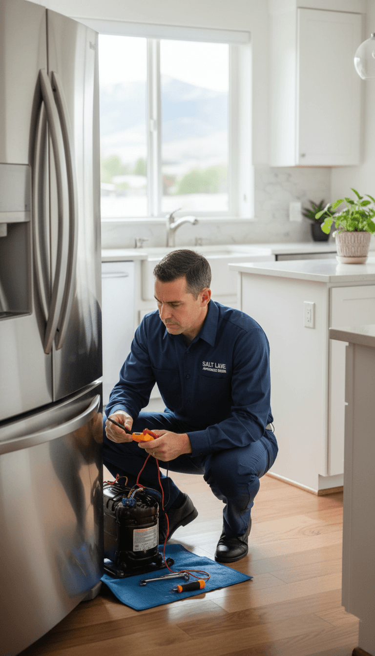 Technician inspecting the inside of a refrigerator in a modern kitchen