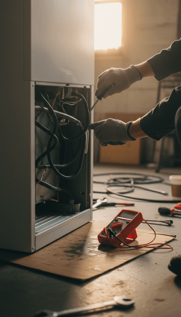 Technician hands replacing a refrigerator compressor access panel