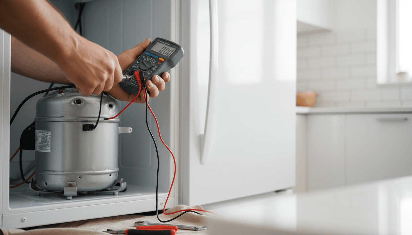 Appliance repair technician testing a refrigerator compressor with a multimeter in a Salt Lake City kitchen