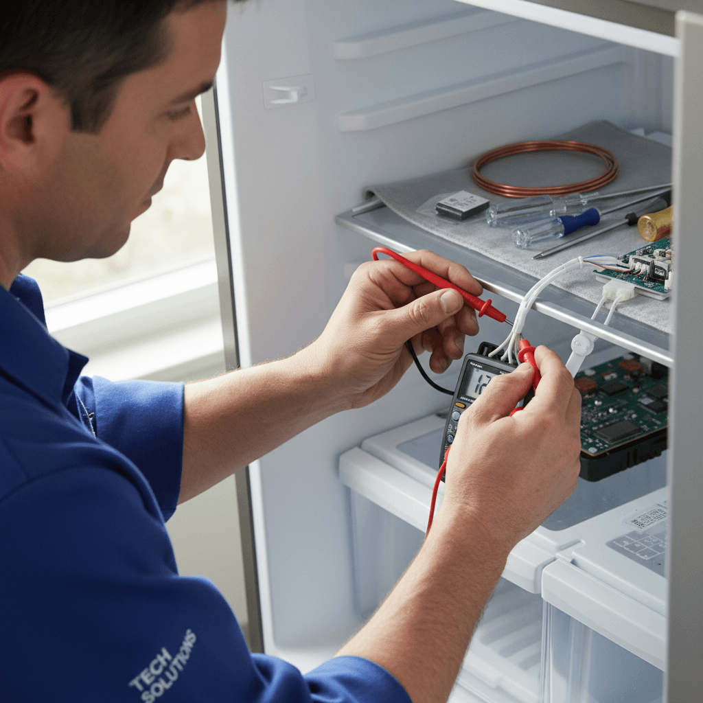 Appliance repair technician diagnosing a refrigerator issue with a multimeter probe