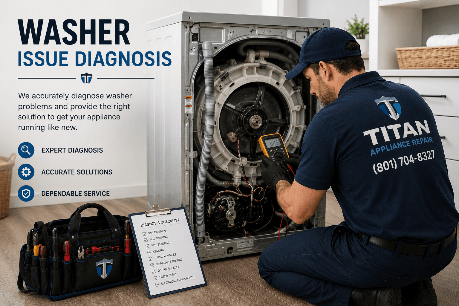 Technician in a blue uniform uses a multimeter to diagnose a disassembled washing machine.