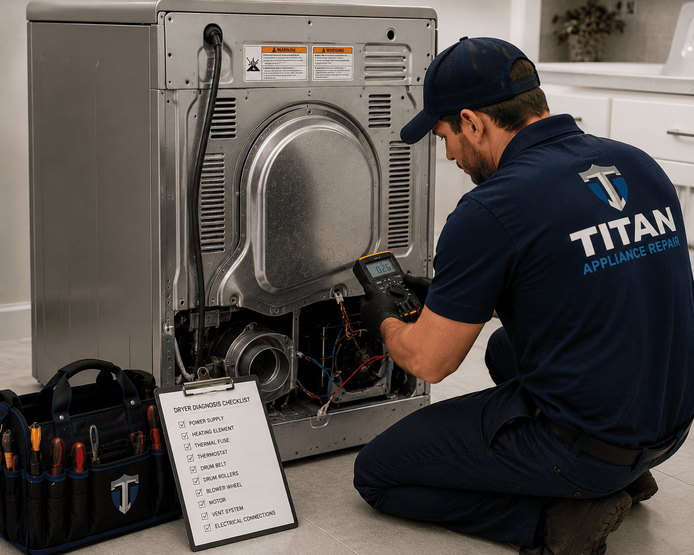 Technician uses a multimeter to diagnose a dryer, with a repair checklist in the foreground.