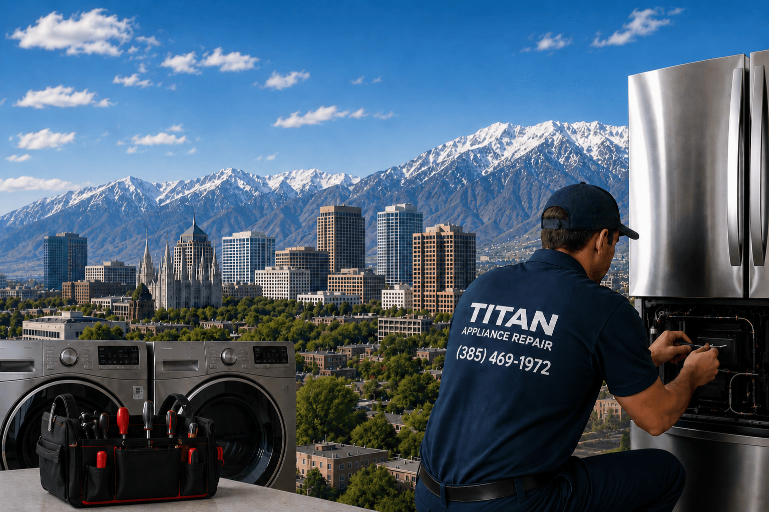 Titan Appliance Repair technician fixing a refrigerator overlooking the Salt Lake City skyline and mountains.